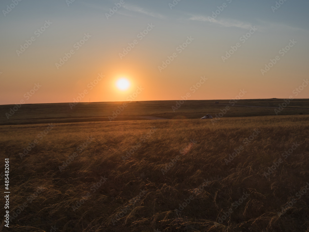 Fototapeta premium Sunset on a field with tall grass. Orange sky. The car drives through the grass across the field. Wallpaper. Landscape. copy space