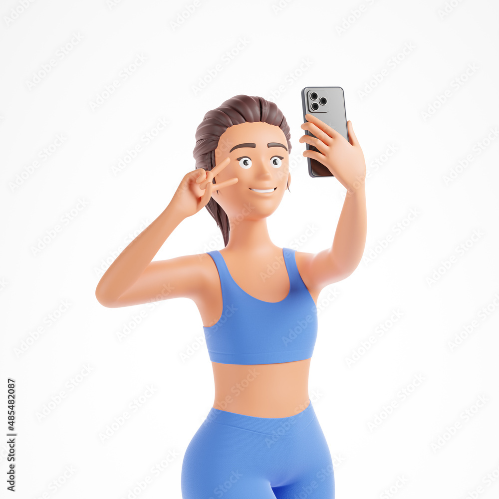 Smiling cartoon character woman blue sportswear making peace sign selfie isolated over white background. Smiling cartoon character woman blue sportswear making peace sign selfie isolated over white background.