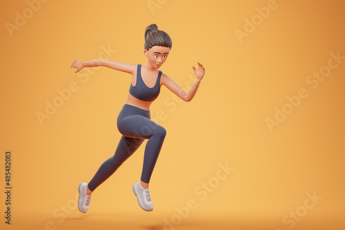 Beautiful cartoon character young woman in black sportswear run over yellow background with copy space. Fitness club advertising.