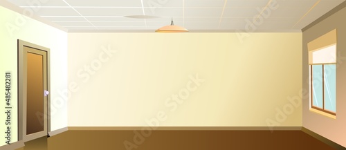 New clean empty room. With a glass door and a bright window. Ceiling lamp. Cozy house. Cartoon funny style illustration. Vector in nighttime