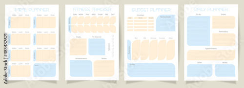 A set of organizer planners. Fitness tracker, meal planner, daily planner, budget planner. A4 printable templates.