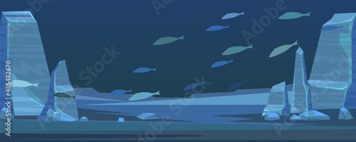 Deep sea landscape with rocky cliffs. Ocean floor. Underwater wild life of fish. Natural horizontal landscape. Illustration in cartoon style flat design. Vector