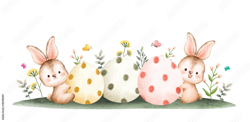 Watercolor Happy Easter rabbit with Easter eggs in the garden banner Watercolor Happy Easter rabbit with Easter eggs in the garden banner