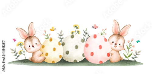 Watercolor Happy Easter rabbit with Easter eggs in the garden banner 