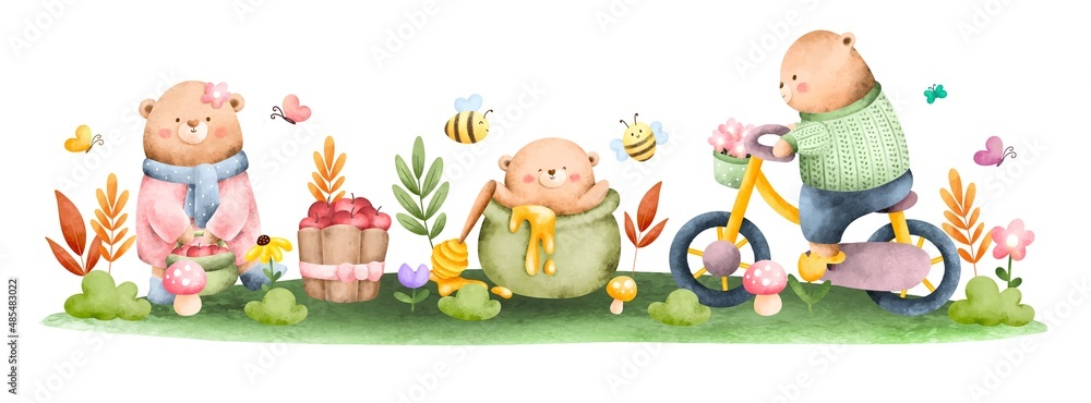 Obraz premium Watercolor spring bears in the garden banner 