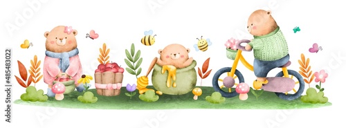 Watercolor spring bears in the garden banner 