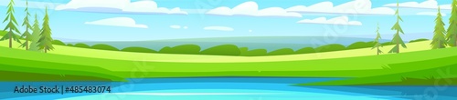 Rural landscape. Green scene. Water pond or river bank. Horizontal village nature illustration. Flat style. Cute country hills. Vector
