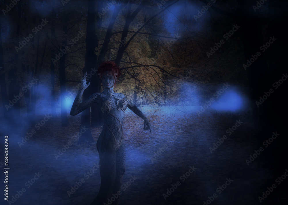 3D Dryad woman in night autumn forest