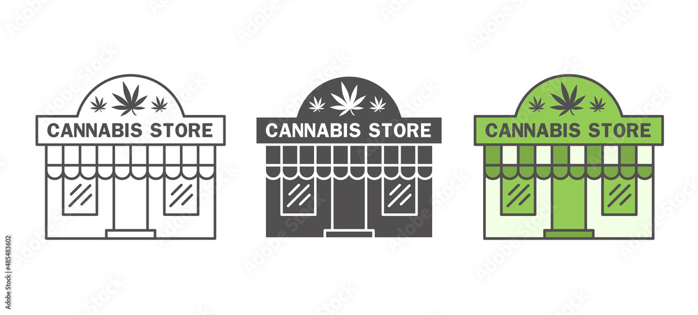 Cannabis store icon set. Medical marijuana shop for weed purchase. Outline front building illustration on white background.