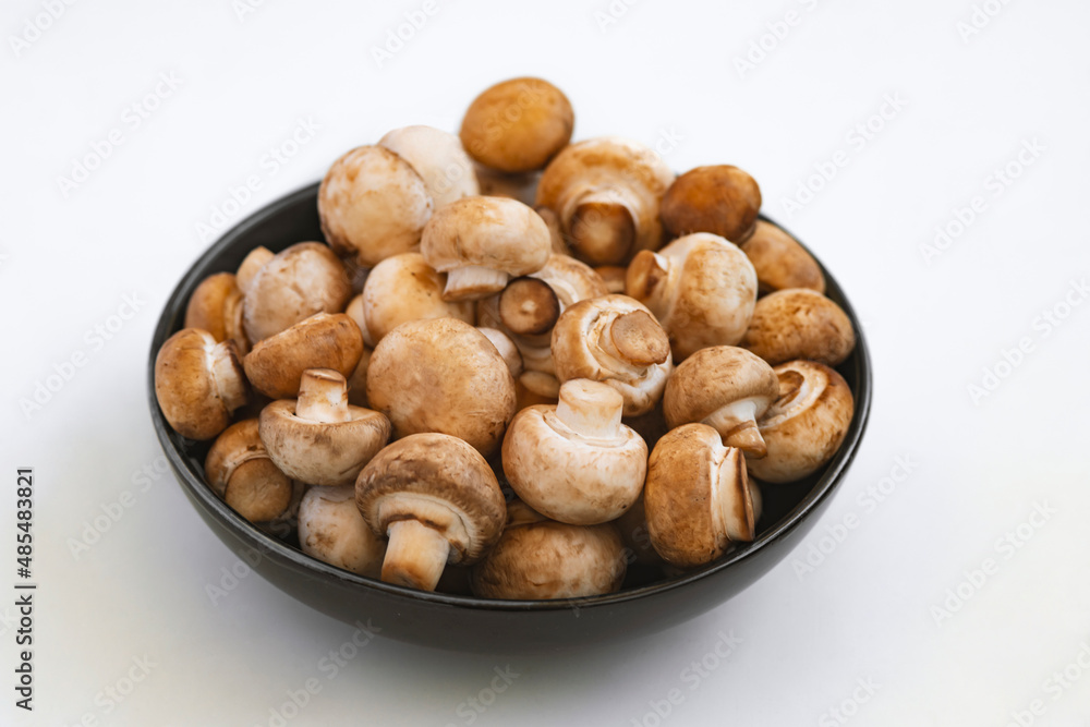 mushrooms champignon in bowl on white background mushrooms champignon in bowl on white background