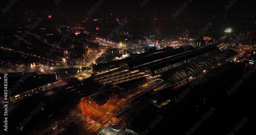 New years eve in Amsterdam, The Netherlands, fireworks at night aerial drone view over the city.
