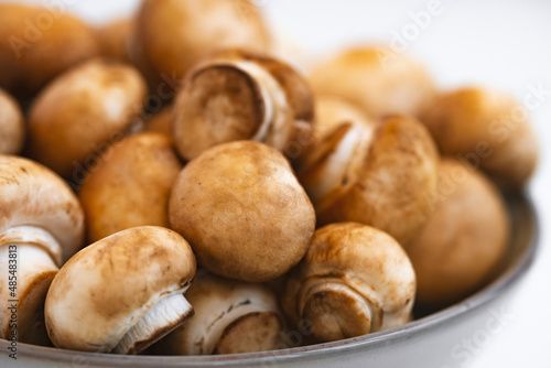 Fresh mushrooms champignon in bowl on white background. Copy space.