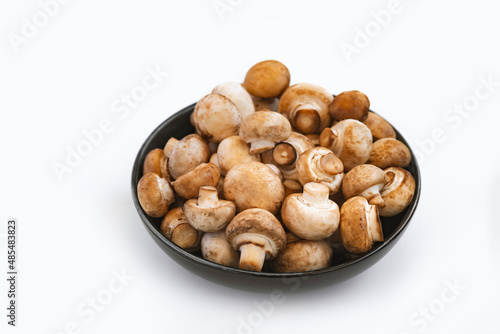mushrooms champignon in bowl on white background