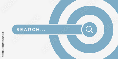 SEO concept illustration. The search bar with the magnifying glass icon. And diverging circles as a metaphor for the goal of the search. Flat vector illustration isolated on white background