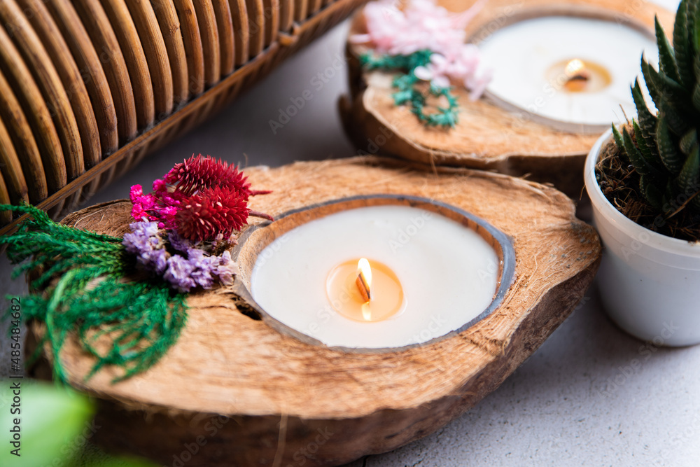 Decorative Candles and candle holders made out of coconut shells Decorative Candles and candle holders made out of coconut shells