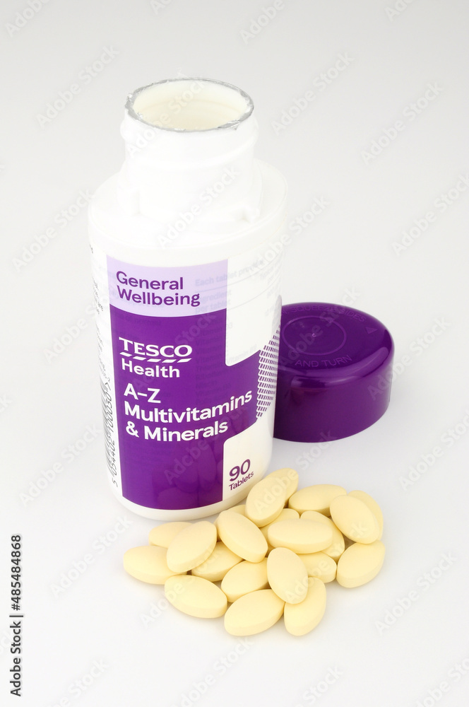 Tesco supermarket own brand multivitamins and minerals 90 tablet pack Stock Photo Adobe Stock