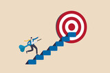 Success step to reach business goal, growing journey or aiming to reach target, ambition or challenge concept, cheerful businessman carrying dart step on stairway to reach dartboard bullseye.