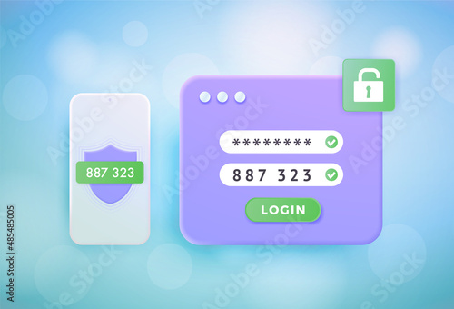 2FA 2-step authentication 3d vector concept. Two steps Verification SMS code with password for secure access your account. Multi factor authentication with smartphone, laptop and shield icon