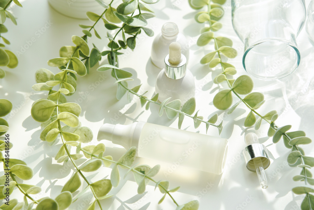 Cosmetic bottle containers packaging with green herbal leaves in shadow and light effect, Blank label for organic branding mock-up, Natural skincare beauty product concept.