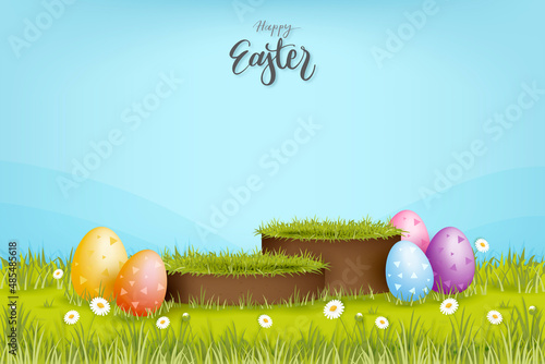 Happy Easter 3D stage podium mockup with colorful eggs in springtime garden for product placement, vector illustration