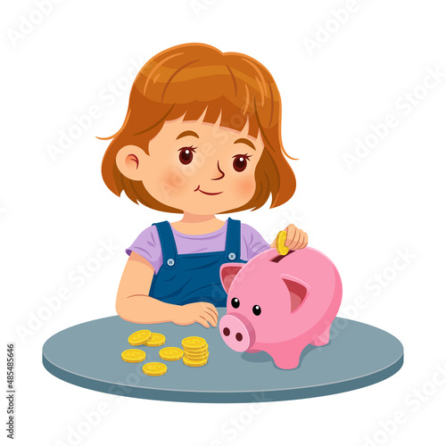 Cute little girl putting coins into a piggy bank. The concept of saving money and planning finance. Vector illustration
