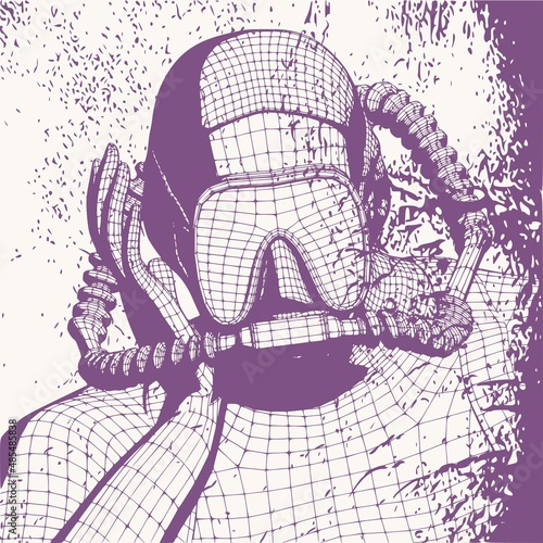 Monochrome silhouette of diver. Mesh grid texture