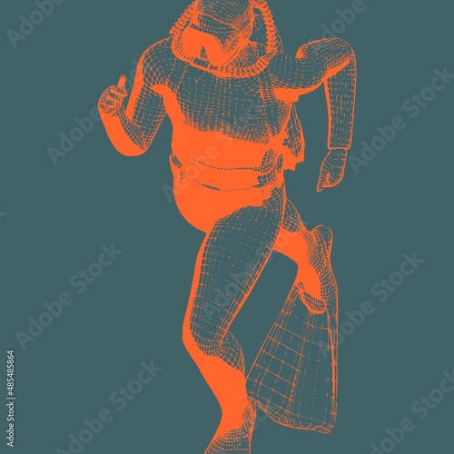 Monochrome silhouette of diver. Mesh grid texture