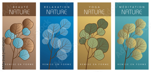 Série de 4 flyers, pour un spa ou un établissement beauté au naturel, décoré d’une branche d’eucalyptus sur 4 fonds aux couleurs différentes.