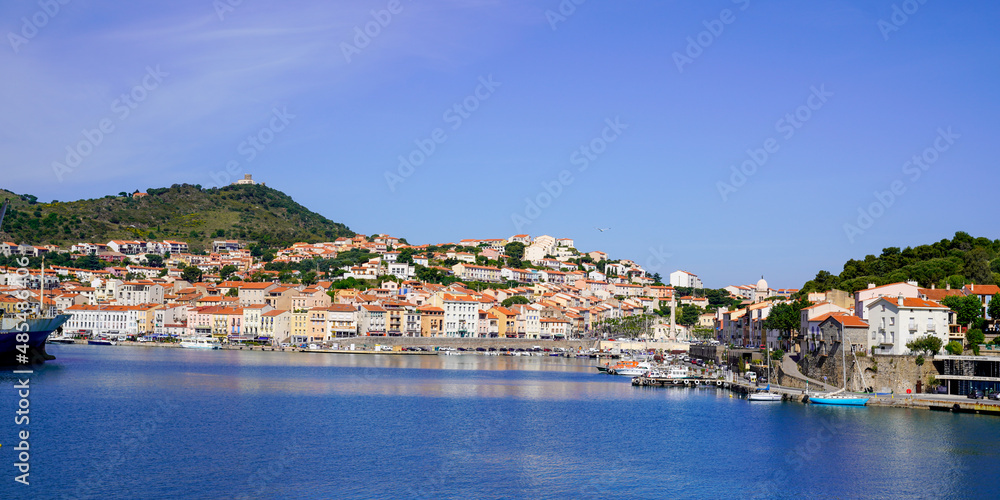 Port Vendres town French Mediterranean coast in aerial top view panorama