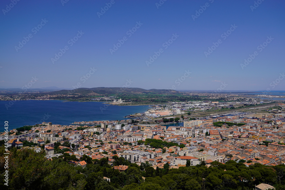 Sete top aerial panorama of city port of town in Herault in Occitanie France