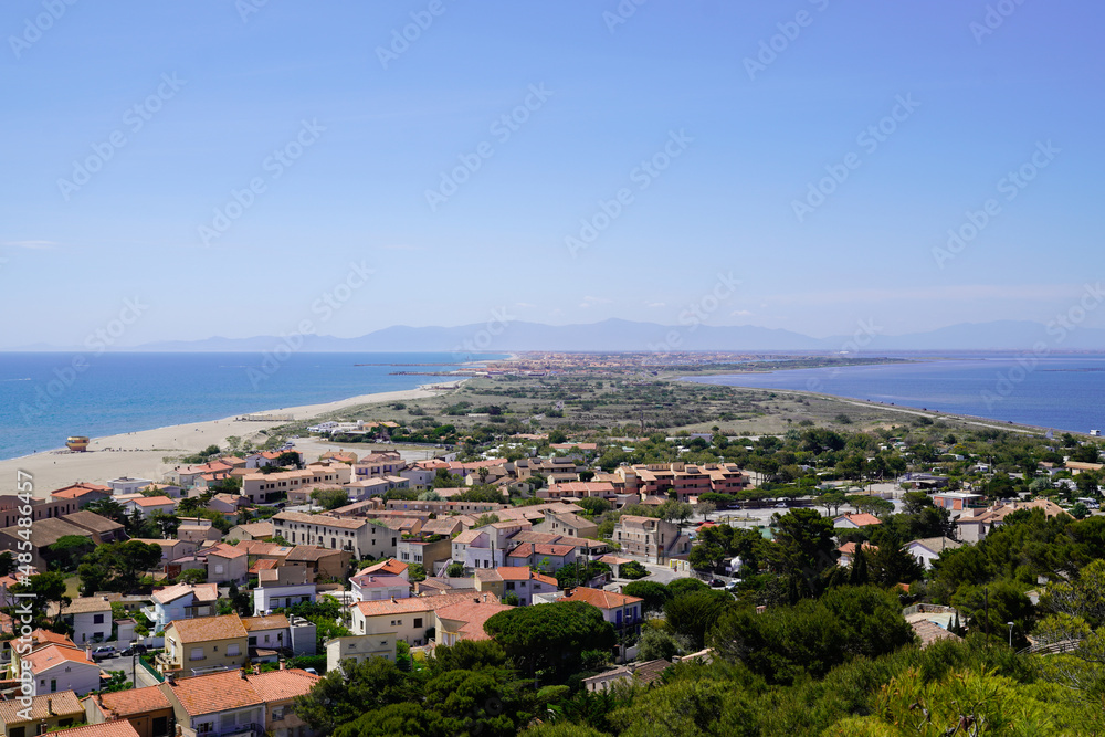 Leucate town French Mediterranean coast in aerial top view panorama