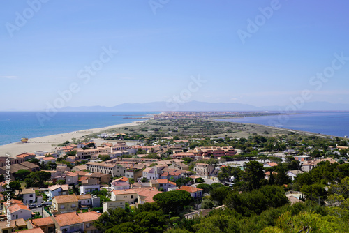 Leucate town French Mediterranean coast in aerial top view panorama