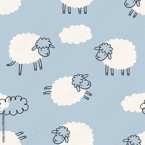 Cute cartoon sheep - vector print. Seamless pattern for baby