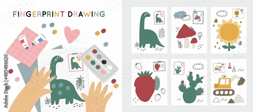 Fingerprint drawing books. Printable coloring page for preschool. Cute vector worksheets 