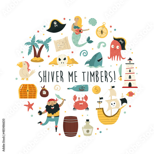 Vector composition with colorful pirate characters and symbols of piracy.