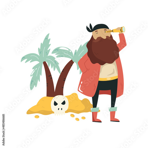 Vector composition of a pirate with a spyglass on an island with palm