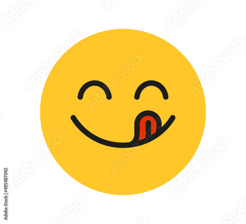 Yummy smile emoji with tongue lick mouth. Delicious tasty food symbol for social network. Yummy and hungry icon. Savory gourmet. Enjoy food sign. Vector illustration isolated on white background.