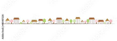  桜のある手描き風街並み