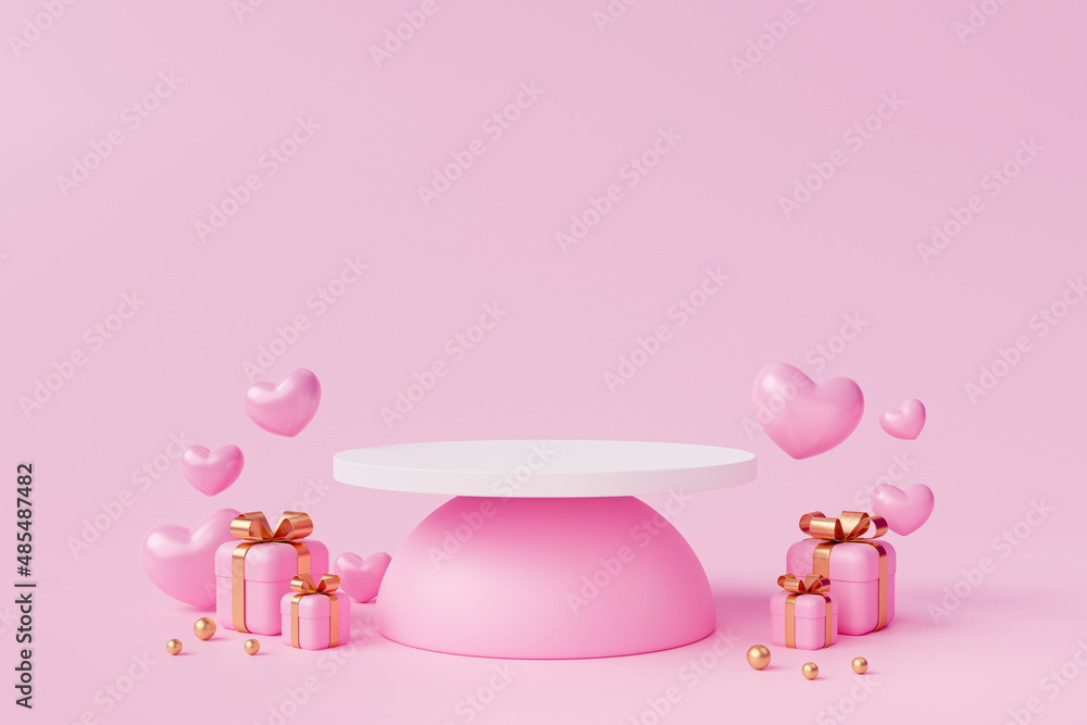 White podium with hearts and pink gift box cylinder pedestal product display stand romance love platform on pink background 3D rendering White podium with hearts and pink gift box cylinder pedestal product display stand romance love platform on pink background 3D rendering