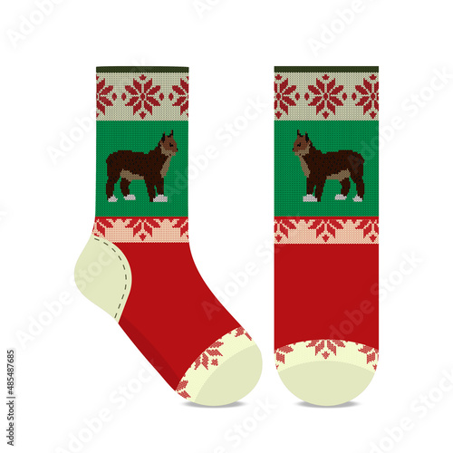 A Set Of Unisex Socks. Illustration of socks in eco style. The pattern of socks for flat clothes on the front and back is red. Unisex CAD mock-up.