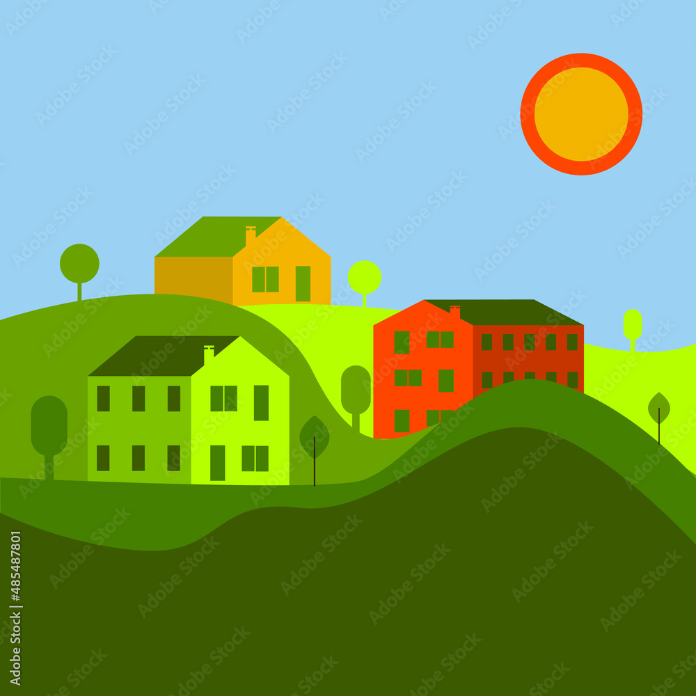 Geometric houses with eco nature environment. Vector. 