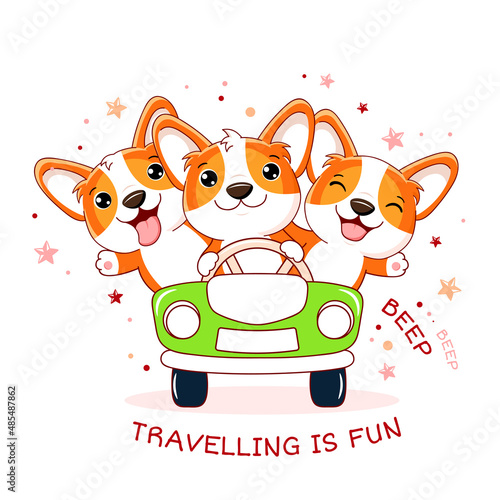 Cute traveler friends rides in the car. Three adventurers corgi puppies by car. Inscription Travelling is fun. Can be used for kids room poster, print, t-shirt design. Vector illustration EPS8
