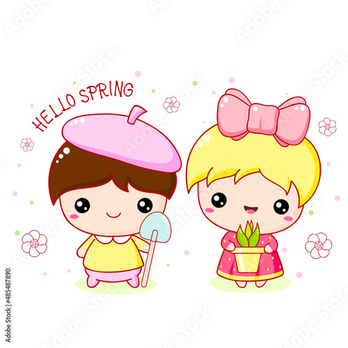 Cute little girl and boy planting plant. Inscription Hello spring. Brother and sister planting tree on Arbor day in spring. Can be used for banner, poster, nursery, t-shirt. Vector illustration EPS8
