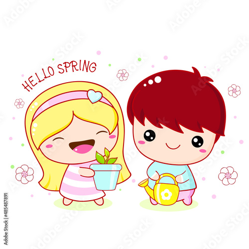 Cute little girl and boy planting plant. Inscription Hello spring. Brother and sister planting tree on Arbor day in spring. Can be used for banner, poster, nursery, t-shirt. Vector illustration EPS8