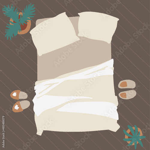 Bedroom with furniture overhead top view. Cozy double bed with interior elements.