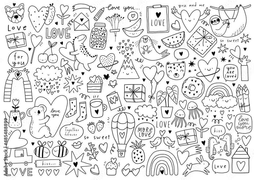 Cute Valentine's Day coloring page in doodle style. Vector Coloring poster with heart, star, flovers, cars, rainbow, cloud, bunny, cake, lettering, sloth, coala and designs elements