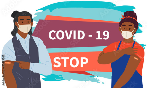 Stop coronavirus agitation concept. Vaccination promo, immunization of workers. Vaccine saves lives. People wearing protective mask showing their arm with bandage after receiving covid-19 vaccine