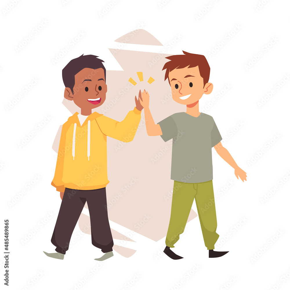 Two boys give each other high five, cartoon vector illustration. Black kid give high five to his friend.