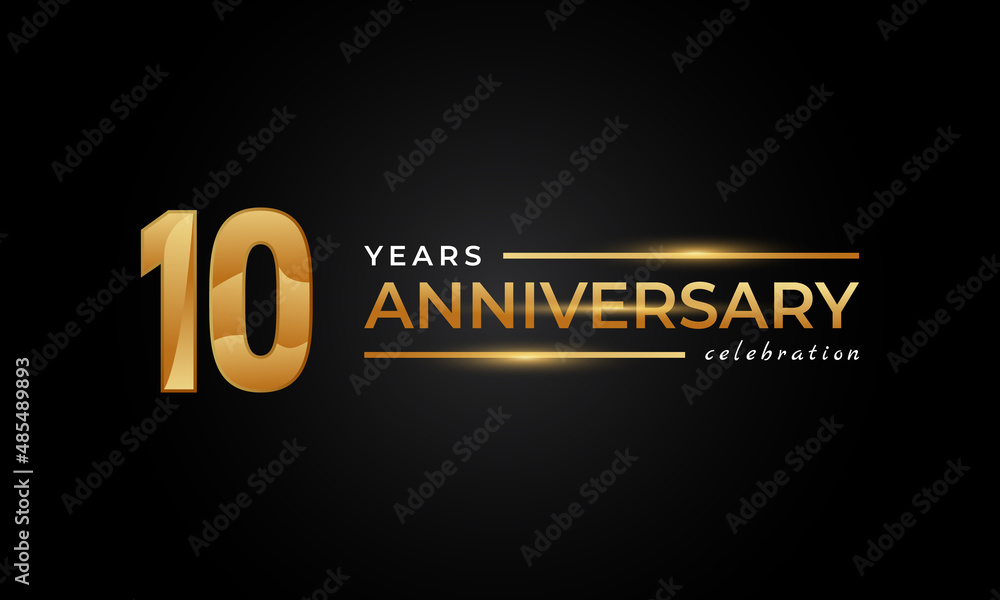 10 Year Anniversary Celebration with Shiny Golden and Silver Color for Celebration Event, Wedding, Greeting card, and Invitation Isolated on Black Background