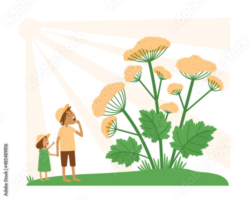 Illustration on isolated background with kids looking at dangerous hogweed. The spread of hogweed has upset the ecological balance. Flat vector illustration.